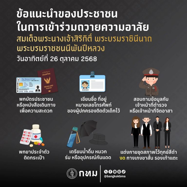ข้อแนะนำของประชาชนในการเข้าร่วมถวายความอาลัย สมเด็จพระนางเจ้าสิริกิติ์ พระบรมราชินีนาถ พระบรมราชชนนีพันปีหลวง วันอาทิตย์ที่ 26 ตุลาคม 2568