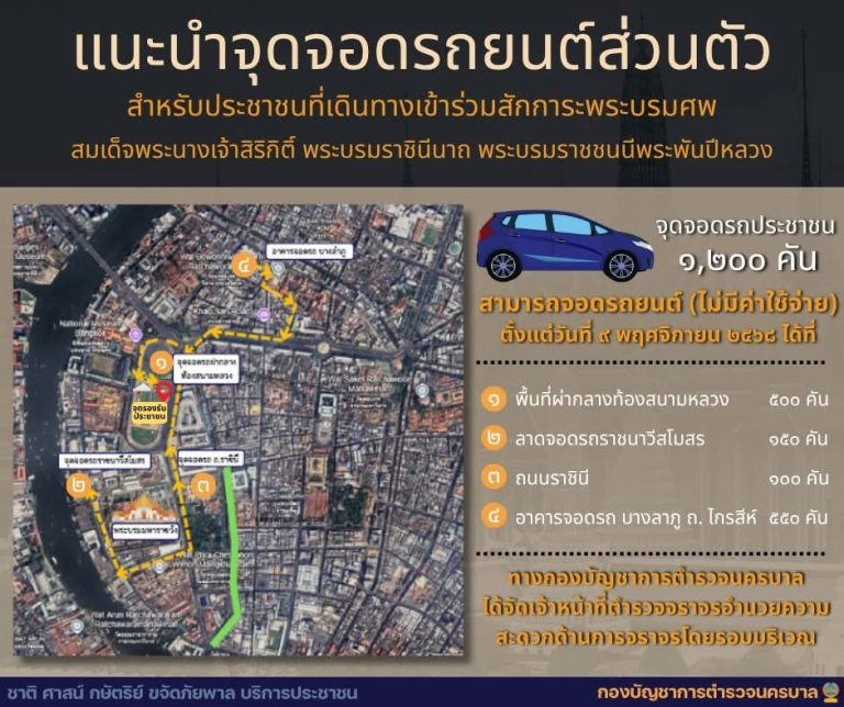 บช.น. แนะนำจุดจอดรถยนต์ส่วนตัว สำหรับเดินทางเข้าร่วมสักการะพระบรมศพสมเด็จพระนางเจ้าสิริกิติ์ พระบรมราชินีนาถ พระบรมราชชนนีพระพันปีหลวง